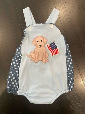 Light Blue Puppy Applique One-Piece Romper with Star Panels